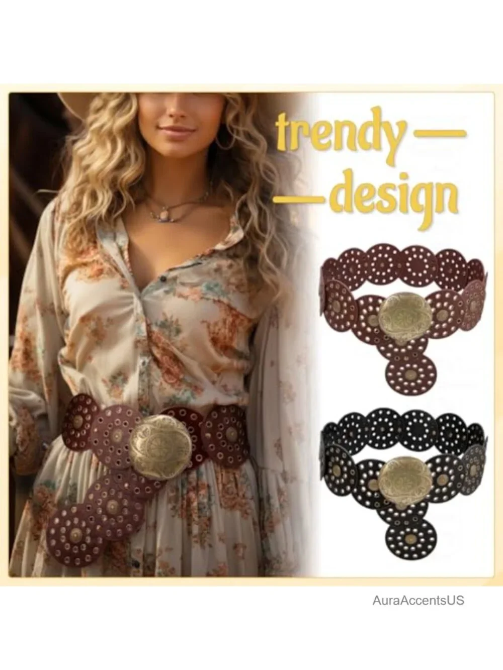 Set of 2 PU Leather Adjustable Western Concho Belts for Women